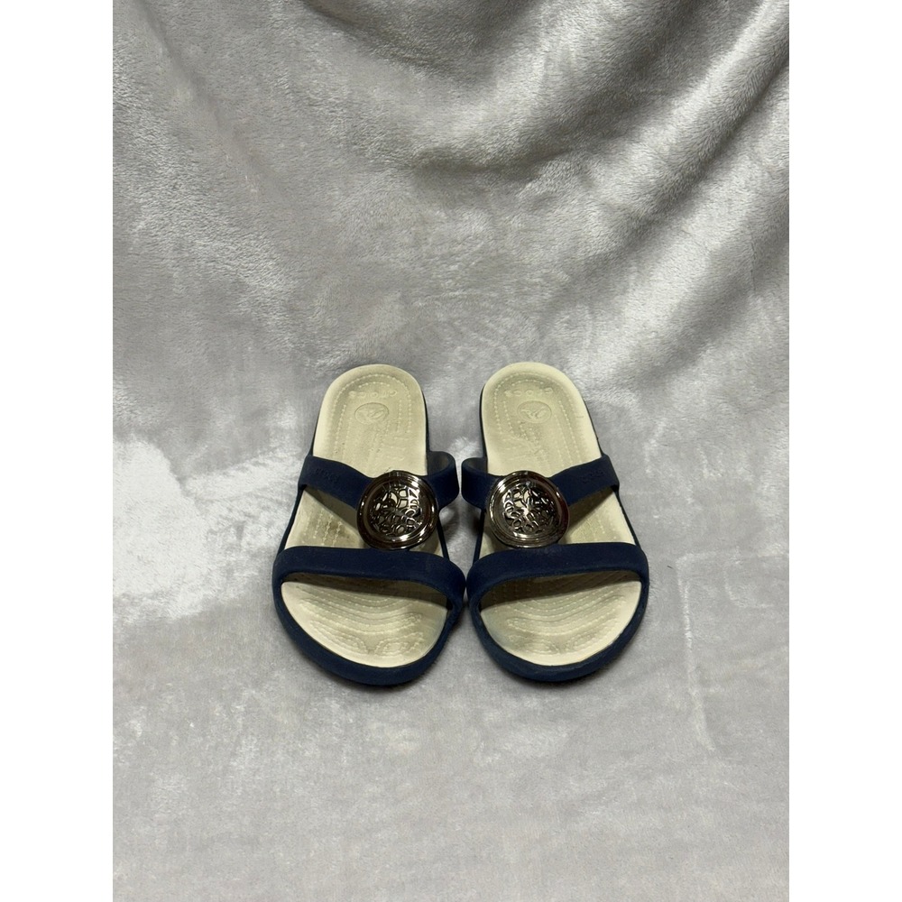 Crocs Womens Sanrah Hammered Circle Slide Sandals Navy White Size 9